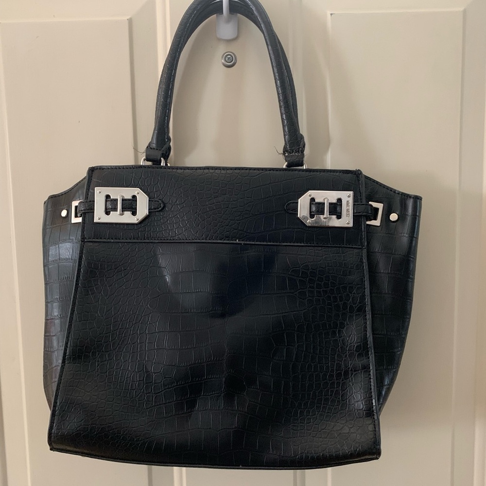 Nine West Gleam Team Black Croc-Embossed Structured Satchel Handbag